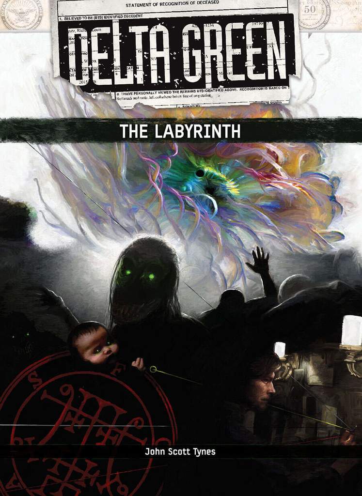 Delta Green: The Labyrinth cover. Cultists and a conspiracy board and some crazy thing in the sky.