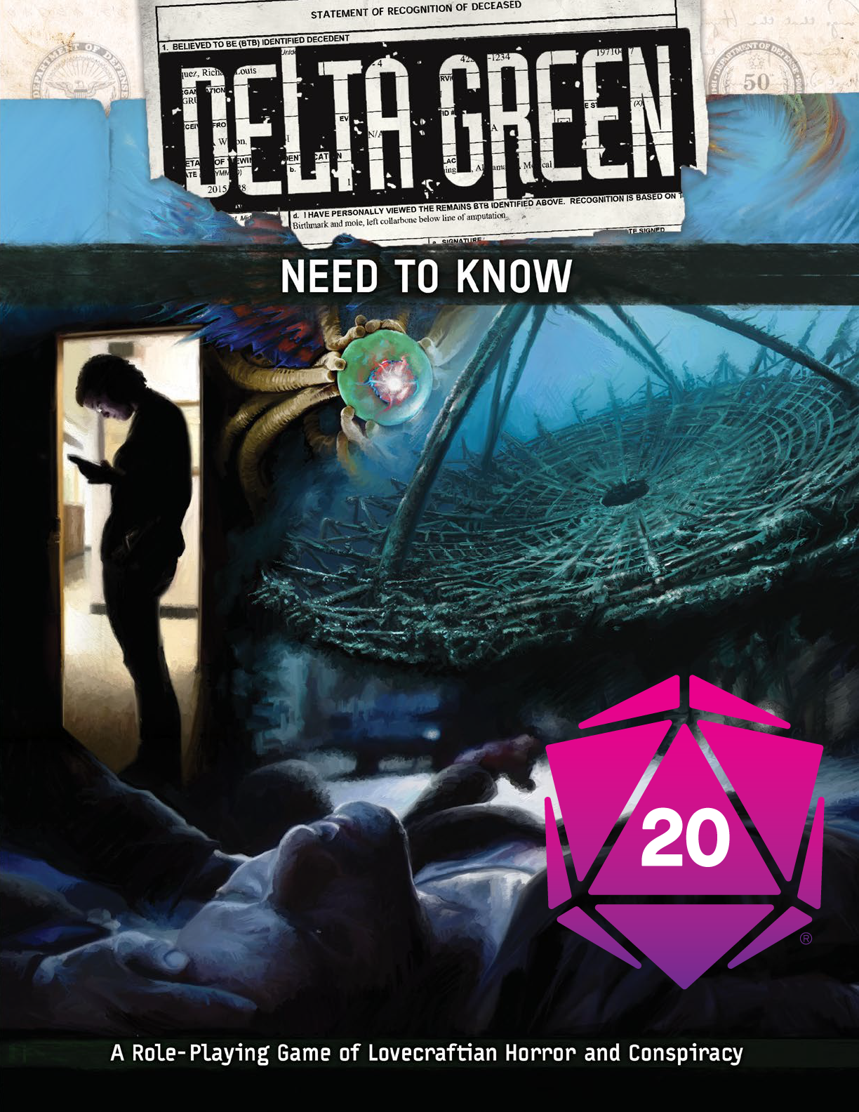 The cover of Delta Green: Need to Know with the Roll20 d20 logo on the cover.