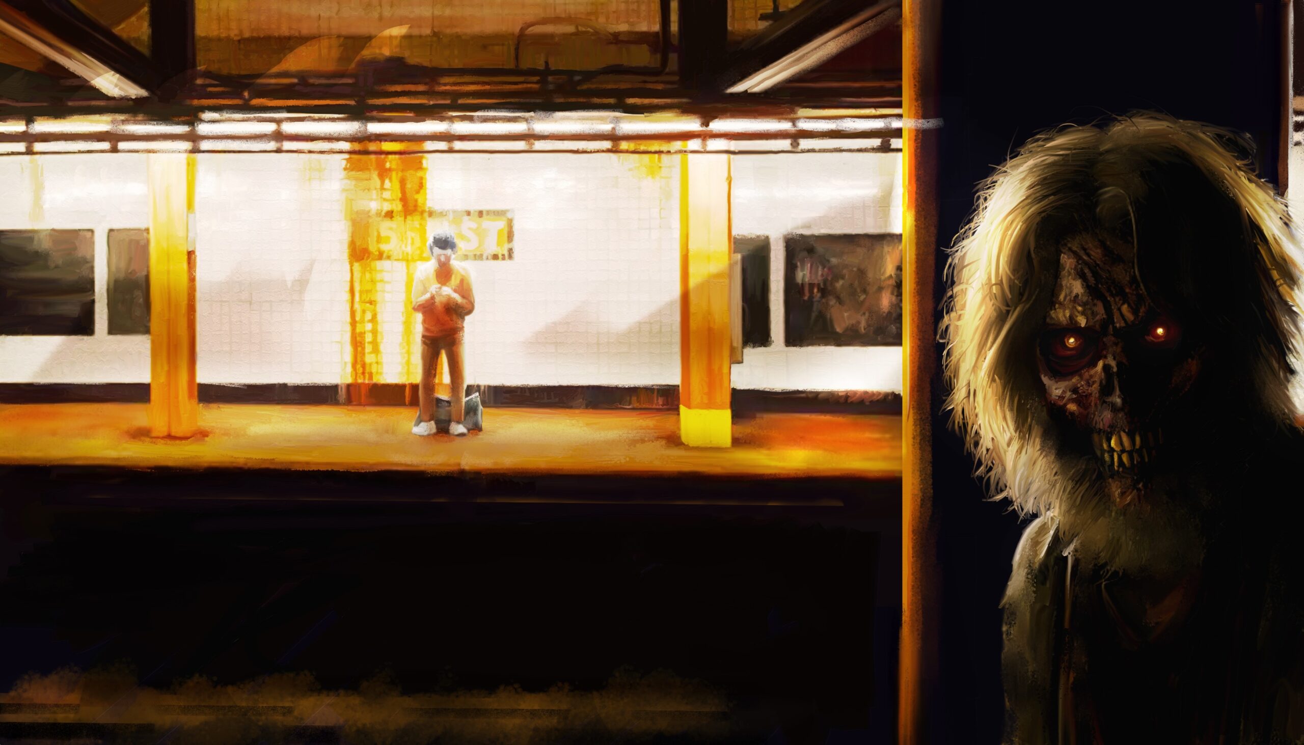 A scruffy ghoul lurks behind a subway station pillar, unseen by a man waiting inattentively.