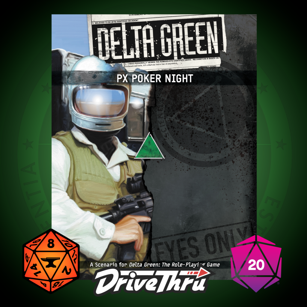 Cover of Delta Green: PX Poker Night. A person dressed in military garb, wearing a space helmet, and holding an M4 rifle.