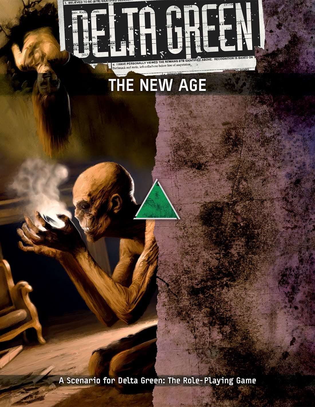 Cover of Delta Green: The New Age. A withered mummy-like thing stares into a light in its glowing hands. A long haired person sticks out of the wall above it, hanging upside down.