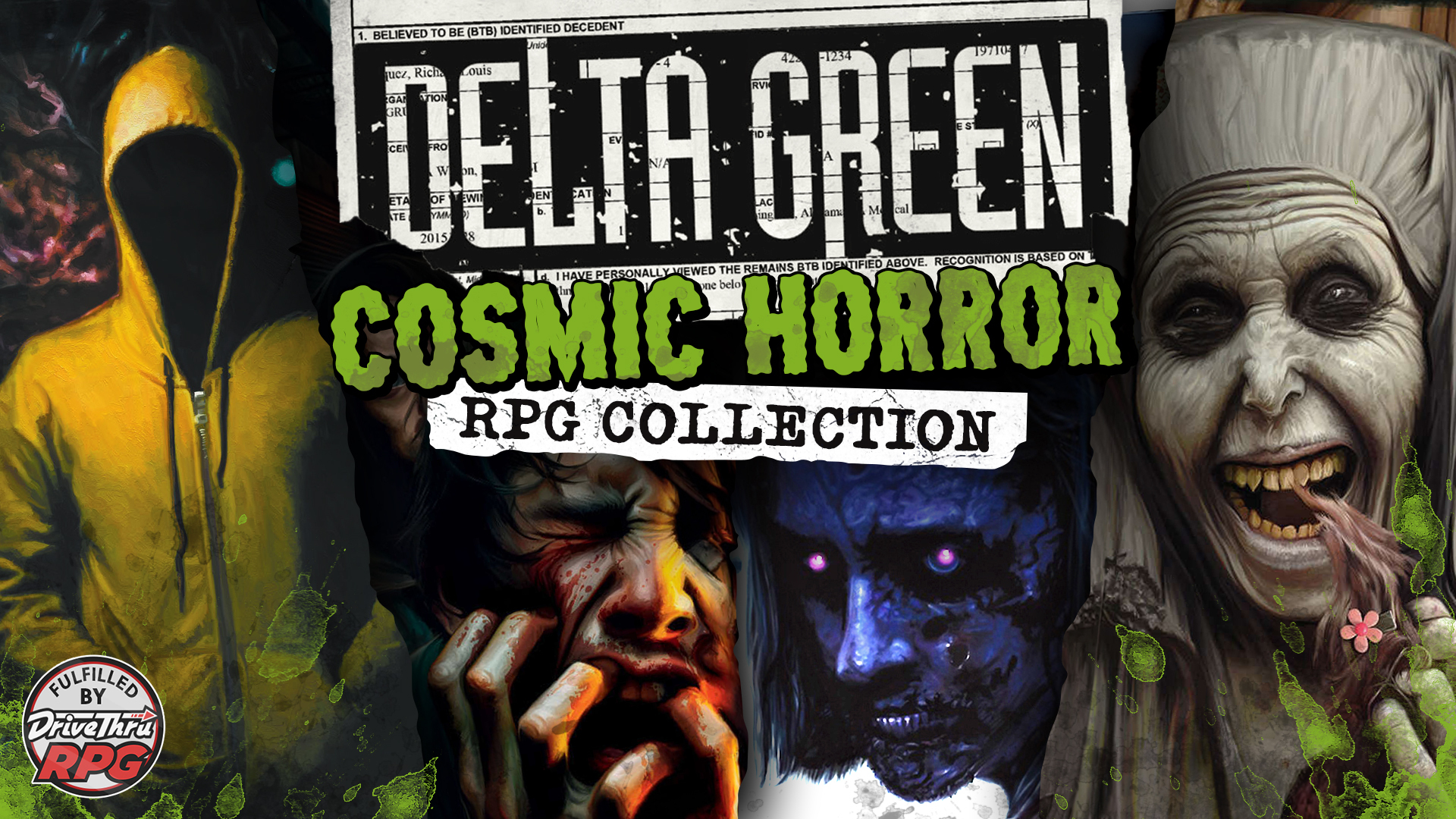Delta Green Cosmic Horror RPG Collection. Fulfilled by DriveThruRPG. A person in a yellow hoodie whose face is unseen, an anguished man clawing at his face, a blue human-like monster with glowing eyes, a demonic-looking nun eating a child's hair.