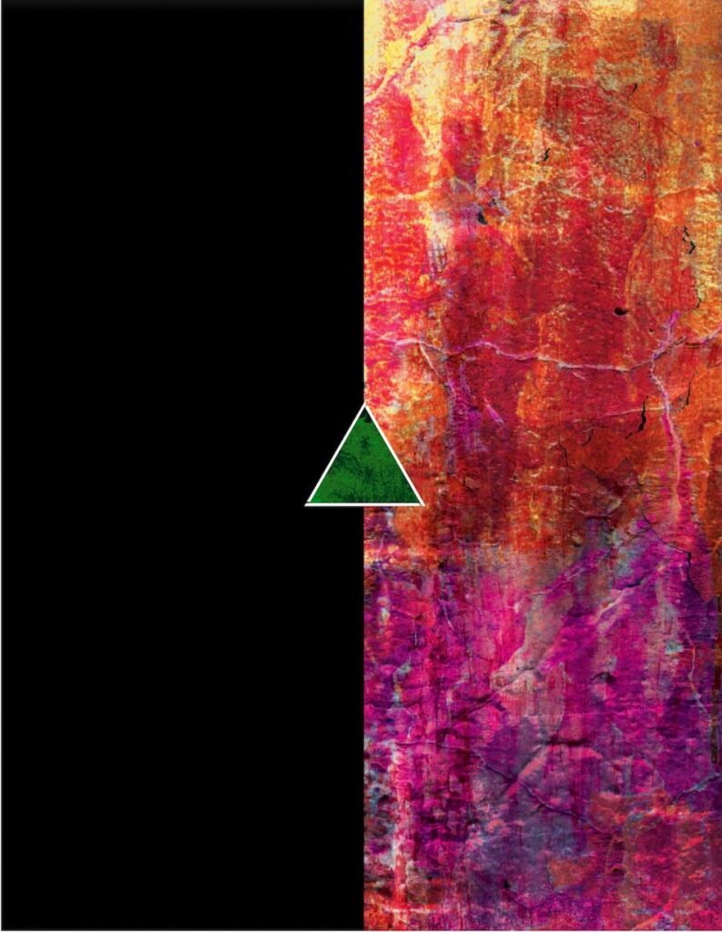 Cover image of Delta Green: The Millennium. No words grace this cover. The left vertical half is solid black. The right vertical half is a wash of ever changing colours over deep cracks. Between the two sides is a small, green delta triangle.