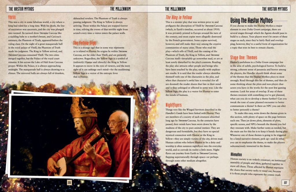 Pages 256 and 257 of The Millennium. Sections on the spread are: Yhtill, The Yellow Sign, The King in Yellow, Nightflyers, Using the Hastur Mythos.