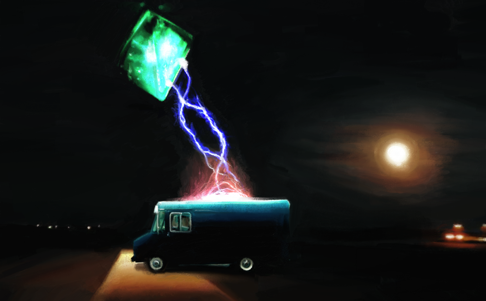 On a dark night with the full moon low on the horizon, a green, glowing cube-like ship zaps a delivery van with blue electricity.