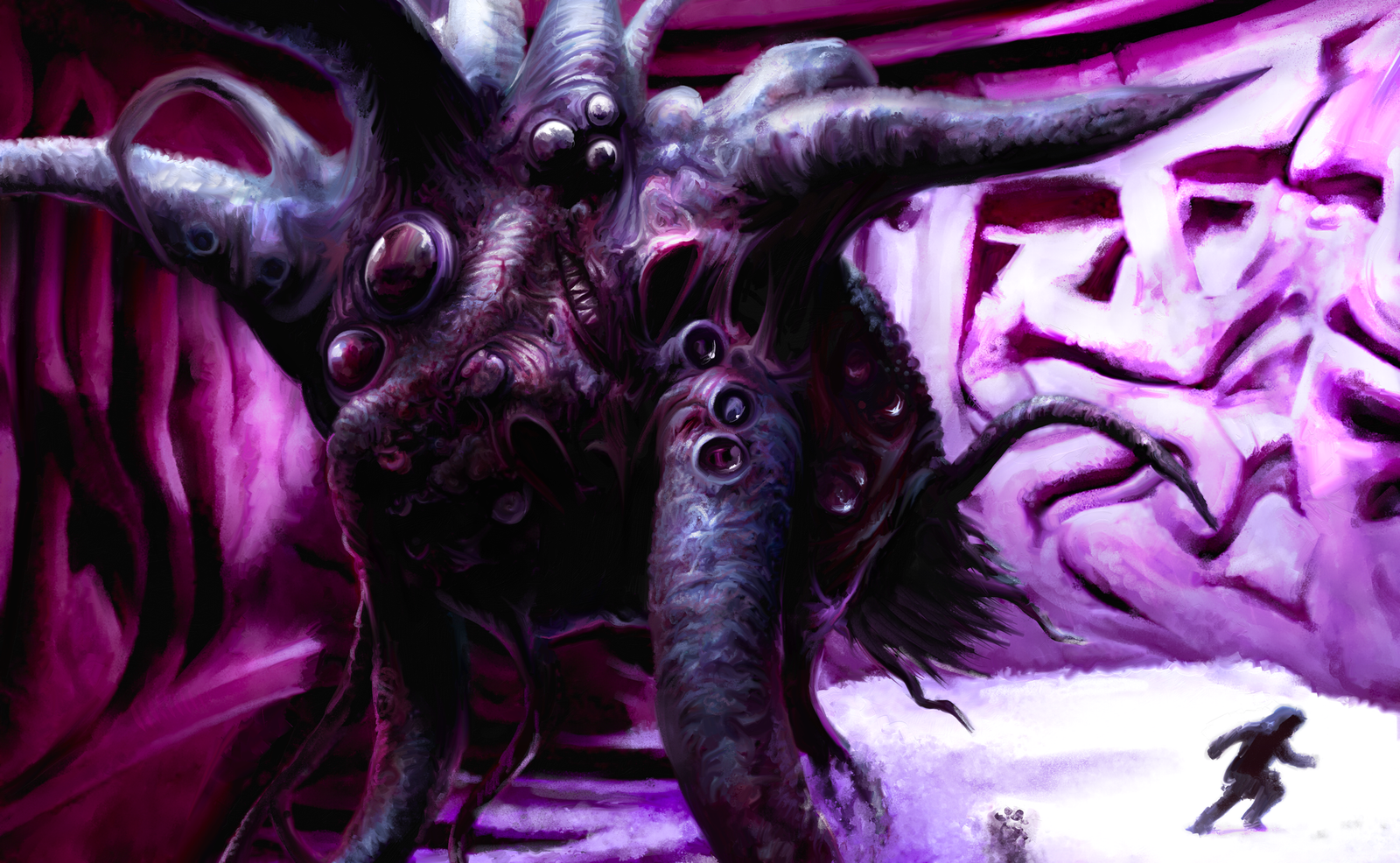 In shades of purple, a multi-eyed, multi-tentacled monster towers over a small running figure.