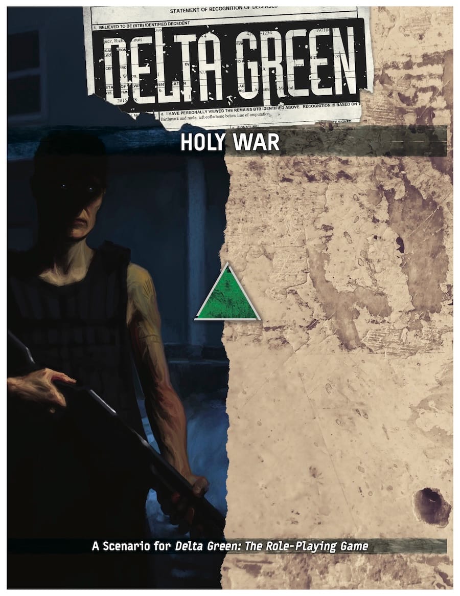 Cover of Delta Green: Holy war with a strange-looking, humanoid figure holding a shotgun, the face hidden in shadows.